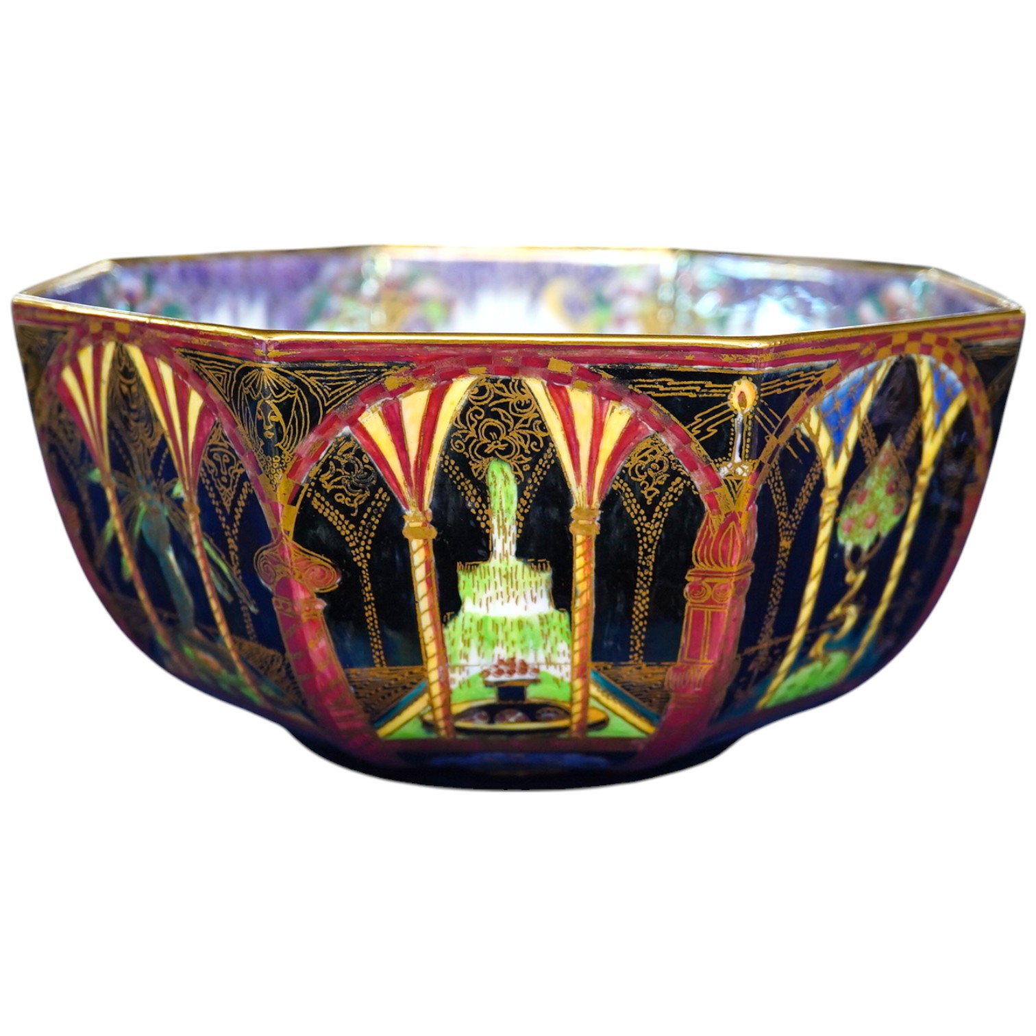 A Wedgwood fairyland lustre Moorish octagonal bowl, designed by Daisy Makeig Jones, 21cm wide. Condition – slight wear to gilding in the centre, otherwise in good condition with no restoration, chips or cracks detected